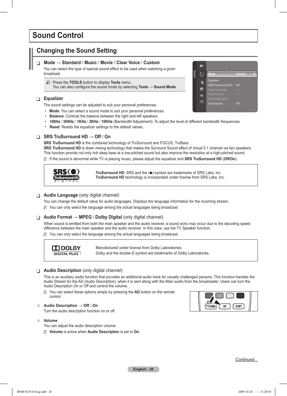 Sound control, Changing the sound setting | Samsung PS42B430P2W User Manual | Page 20 / 343