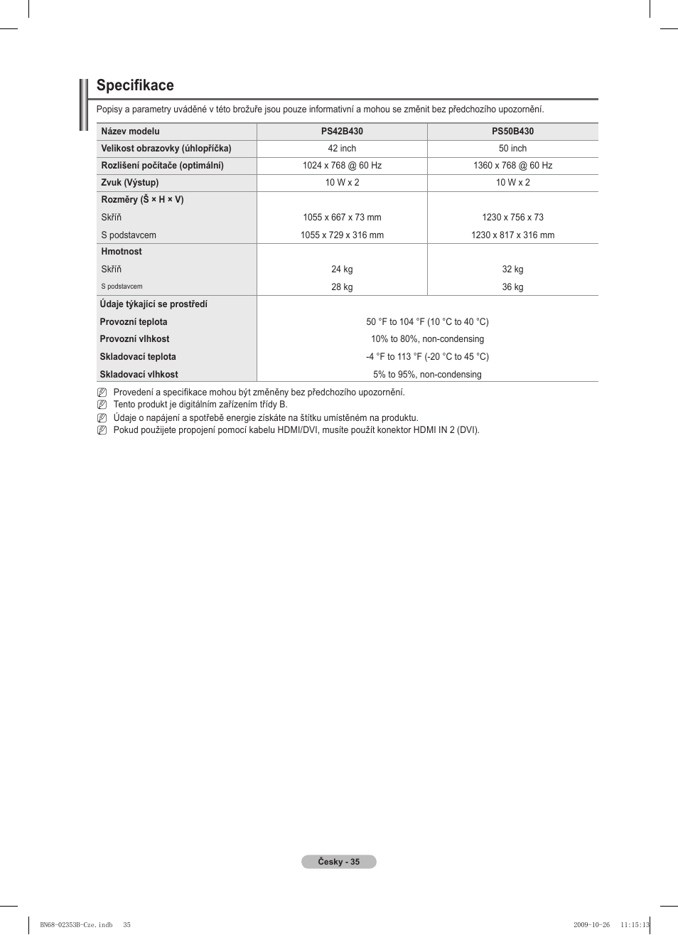 Specifikace | Samsung PS42B430P2W User Manual | Page 205 / 343