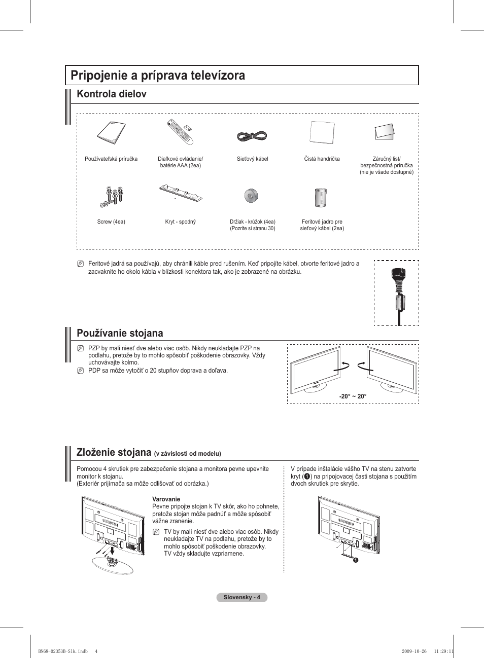 Pripojenie a príprava televízora, Kontrola dielov, Používanie stojana | Zloženie stojana | Samsung PS42B430P2W User Manual | Page 208 / 343
