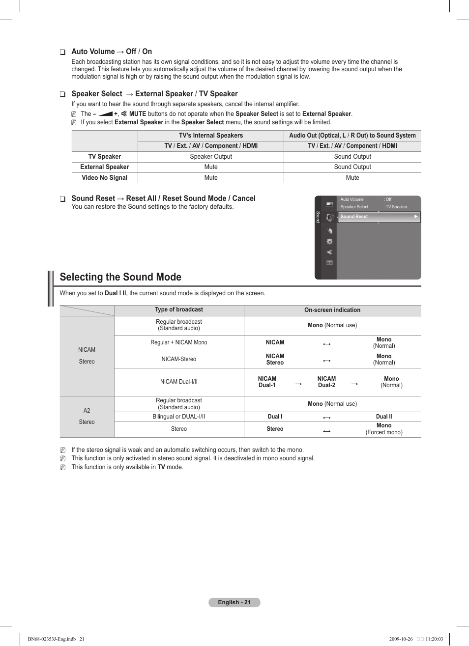 Selecting the sound mode, Auto volume → off ❑ / on, Speaker select → external speaker ❑ / tv speaker | Samsung PS42B430P2W User Manual | Page 21 / 343