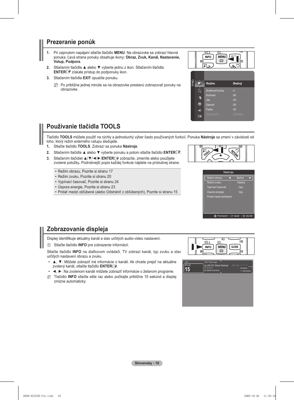 Prezeranie ponúk, Používanie tlačidla tools, Zobrazovanie displeja | Samsung PS42B430P2W User Manual | Page 214 / 343