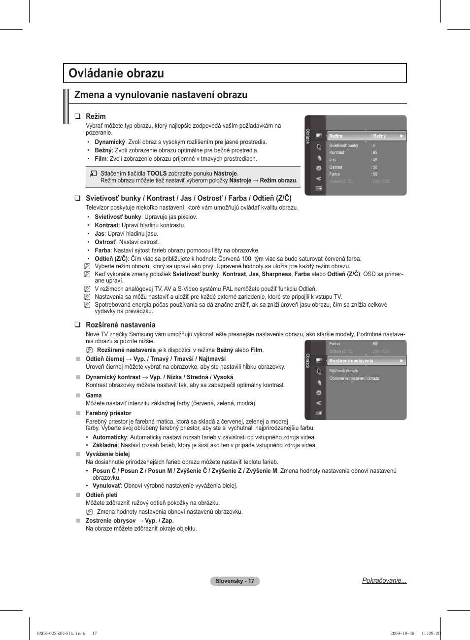 Ovládanie obrazu, Zmena a vynulovanie nastavení obrazu, Režim | Rozšírené nastavenia | Samsung PS42B430P2W User Manual | Page 221 / 343