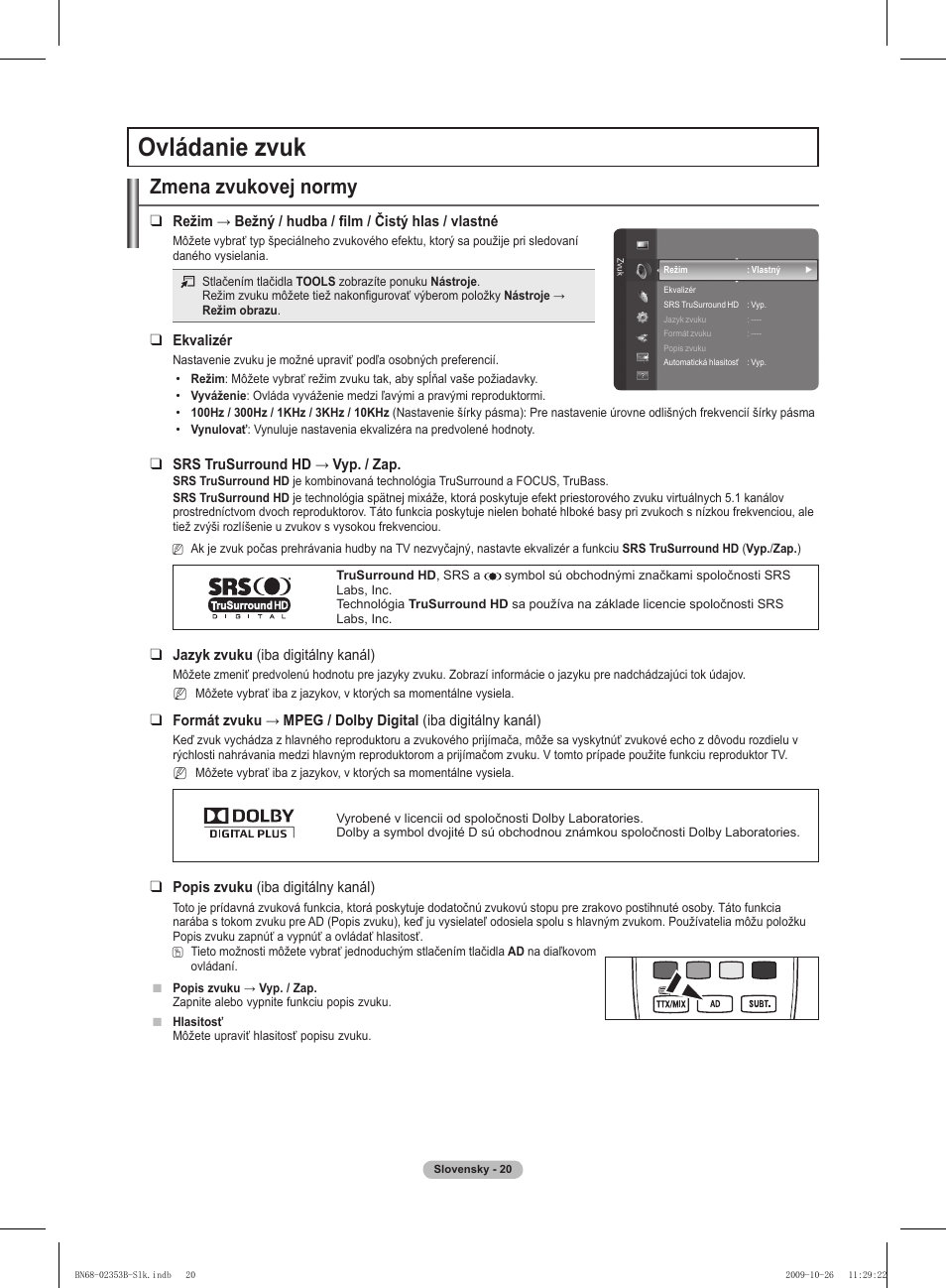 Ovládanie zvuk, Zmena zvukovej normy | Samsung PS42B430P2W User Manual | Page 224 / 343