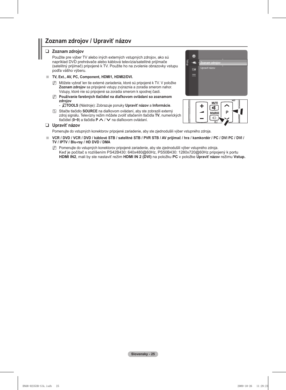 Zoznam zdrojov / upraviť názov | Samsung PS42B430P2W User Manual | Page 229 / 343