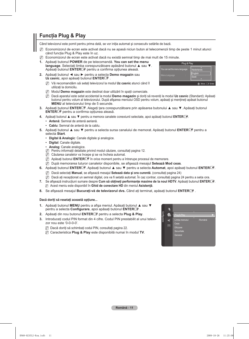 Funcţia plug & play | Samsung PS42B430P2W User Manual | Page 249 / 343