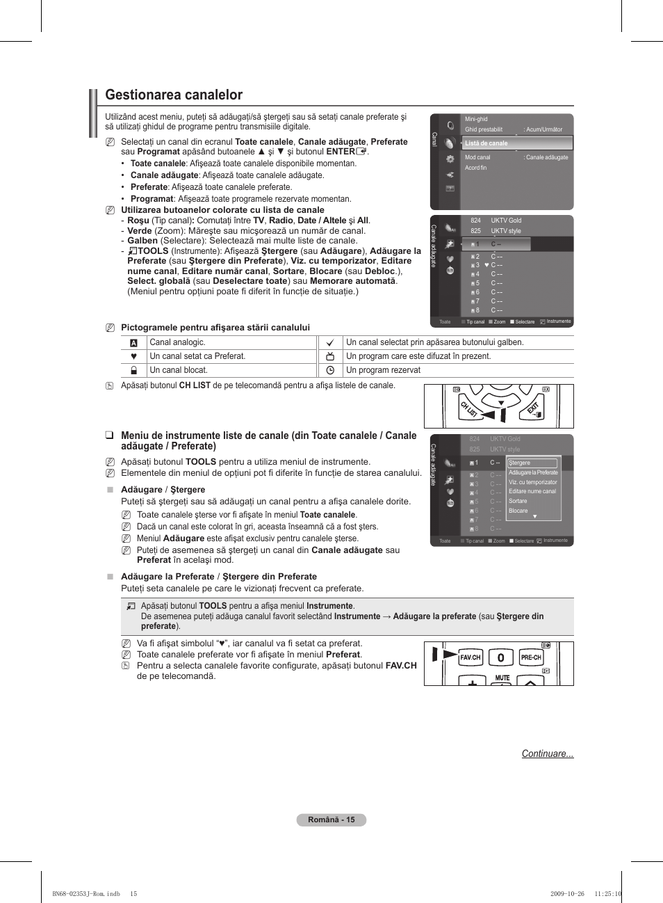 Gestionarea canalelor, Continuare | Samsung PS42B430P2W User Manual | Page 253 / 343