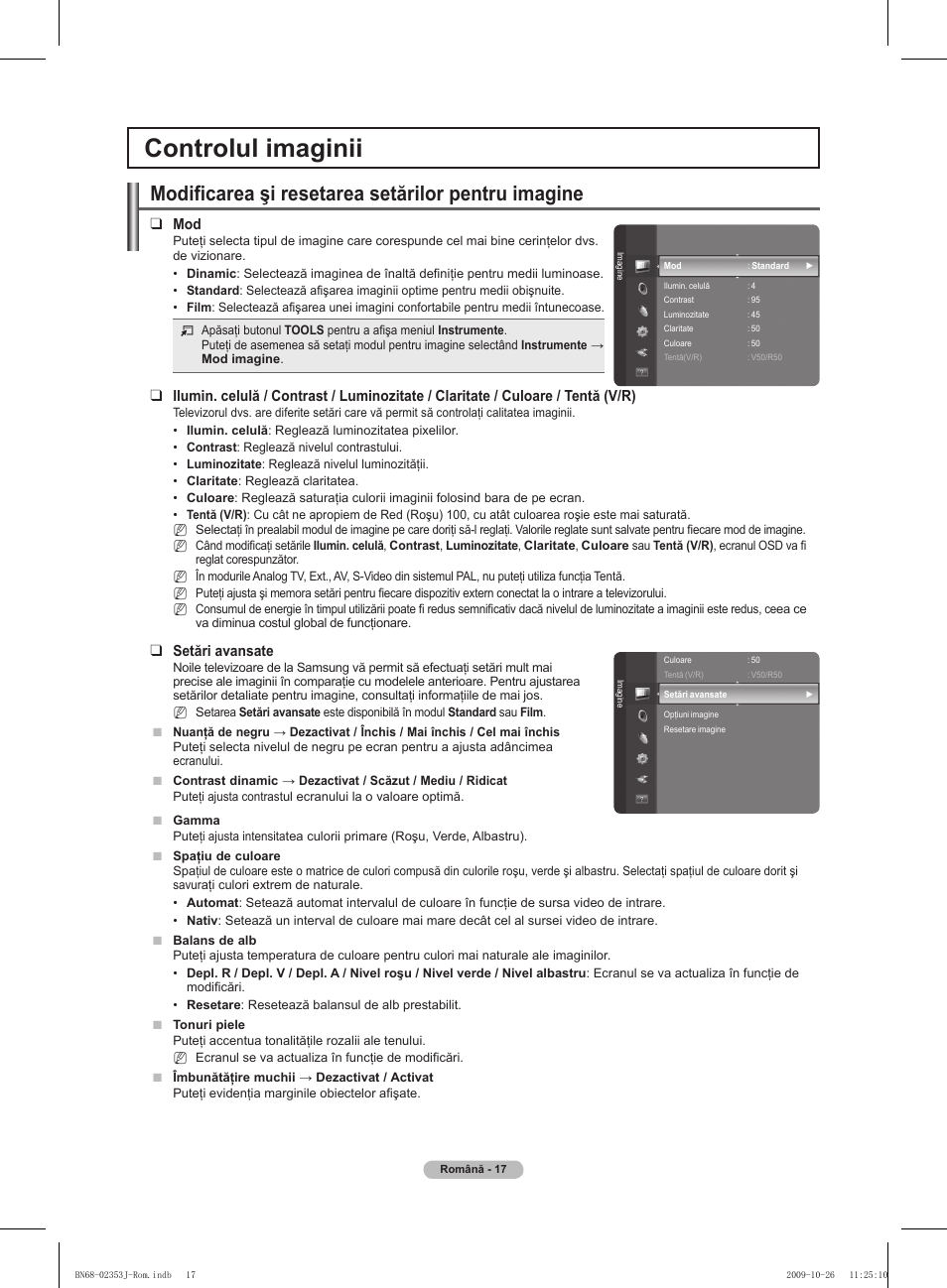 Controlul imaginii, Modificarea şi resetarea setărilor pentru imagine, Setări avansate | Samsung PS42B430P2W User Manual | Page 255 / 343