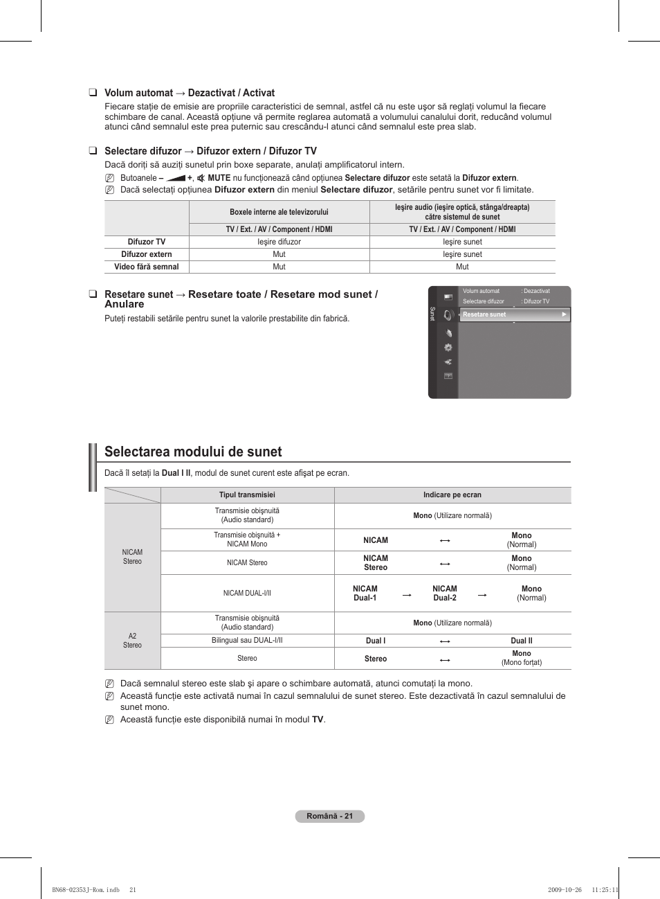 Selectarea modului de sunet, Volum automat → dezactivat / activat, Selectare difuzor → difuzor extern / difuzor tv | Samsung PS42B430P2W User Manual | Page 259 / 343