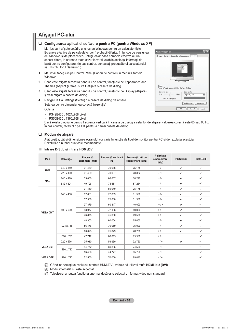 Afişajul pc-ului, Moduri de afişare | Samsung PS42B430P2W User Manual | Page 264 / 343