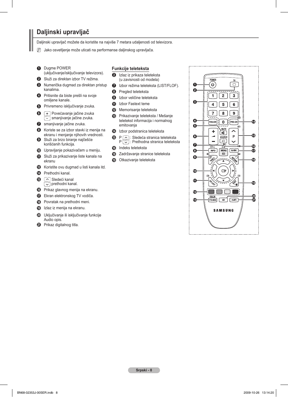 Daljinski upravljač | Samsung PS42B430P2W User Manual | Page 280 / 343