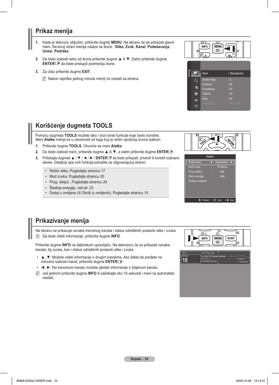 Prikaz menija, Korišćenje dugmeta tools, Prikazivanje menija | Samsung PS42B430P2W User Manual | Page 282 / 343