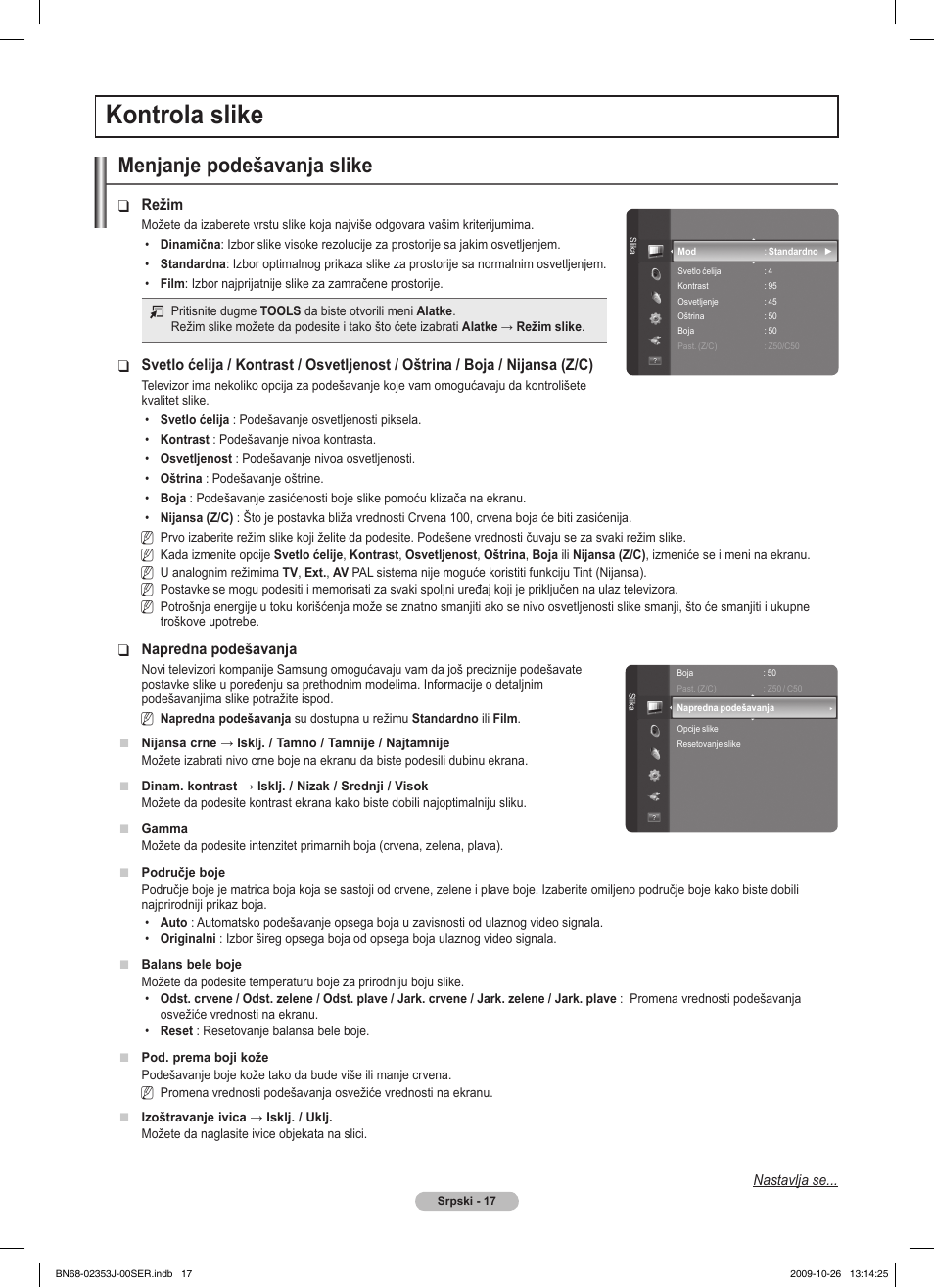 Kontrola slike, Menjanje podešavanja slike, Režim | Napredna podešavanja | Samsung PS42B430P2W User Manual | Page 289 / 343