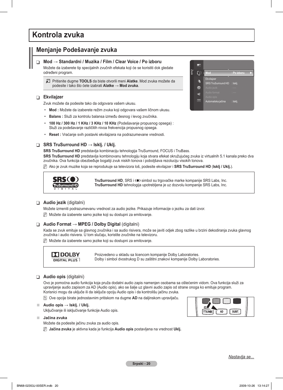 Kontrola zvuka, Menjanje podešavanje zvuka | Samsung PS42B430P2W User Manual | Page 292 / 343