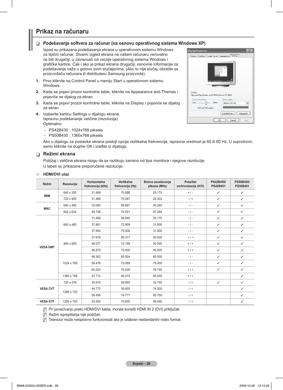 Prikaz na računaru, Režimi ekrana | Samsung PS42B430P2W User Manual | Page 298 / 343
