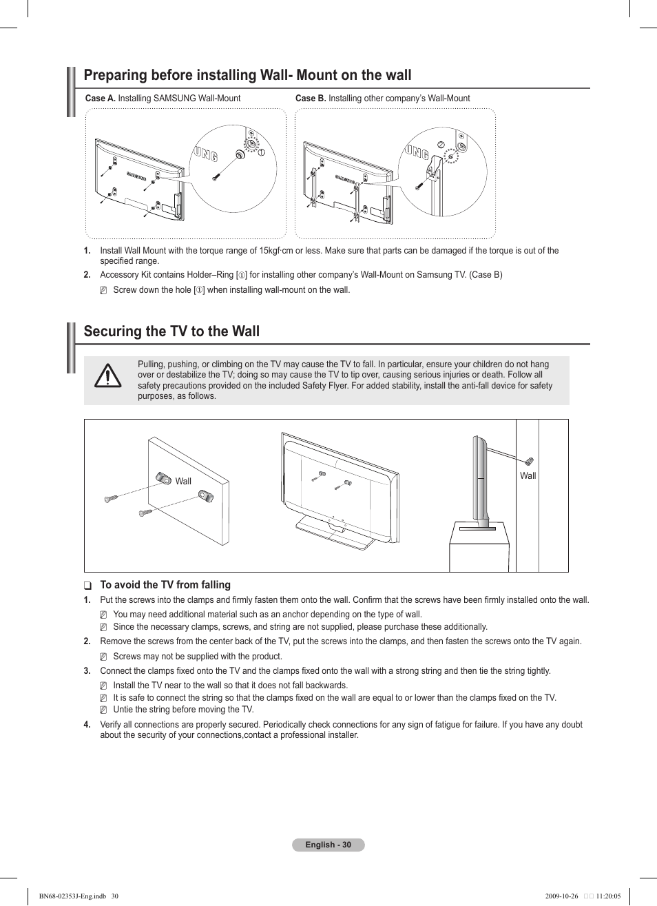 경고 주의 경고 주의, Securing the tv to the wall | Samsung PS42B430P2W User Manual | Page 30 / 343