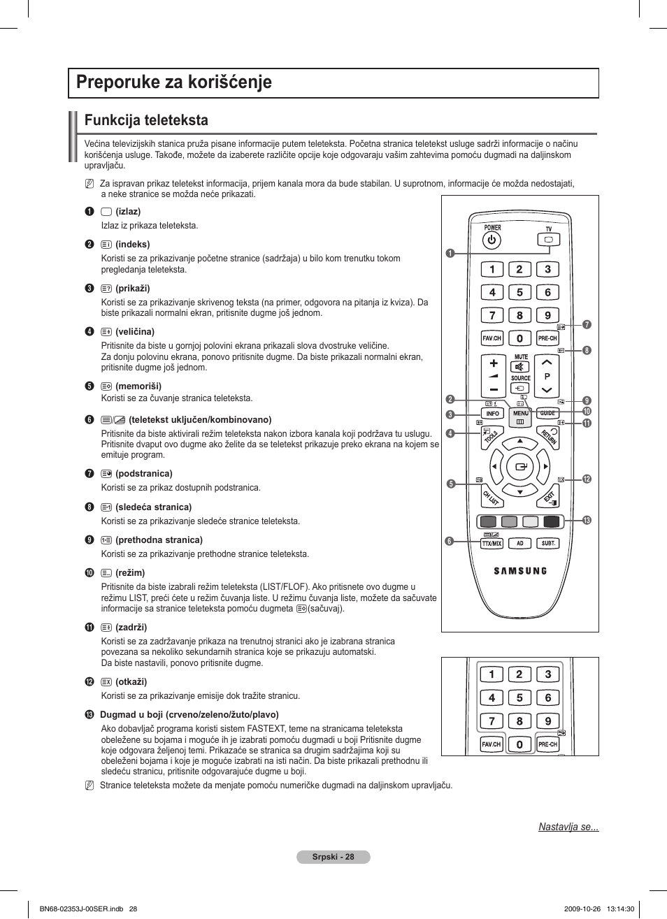 Preporuke za korišćenje, Funkcija teleteksta | Samsung PS42B430P2W User Manual | Page 300 / 343