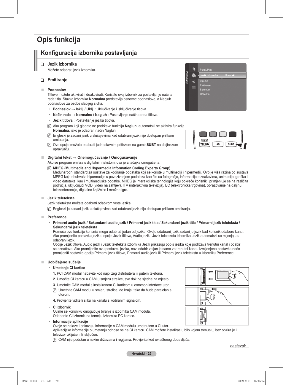 Opis funkcija, Konfiguracija izbornika postavljanja | Samsung PS42B430P2W User Manual | Page 328 / 343