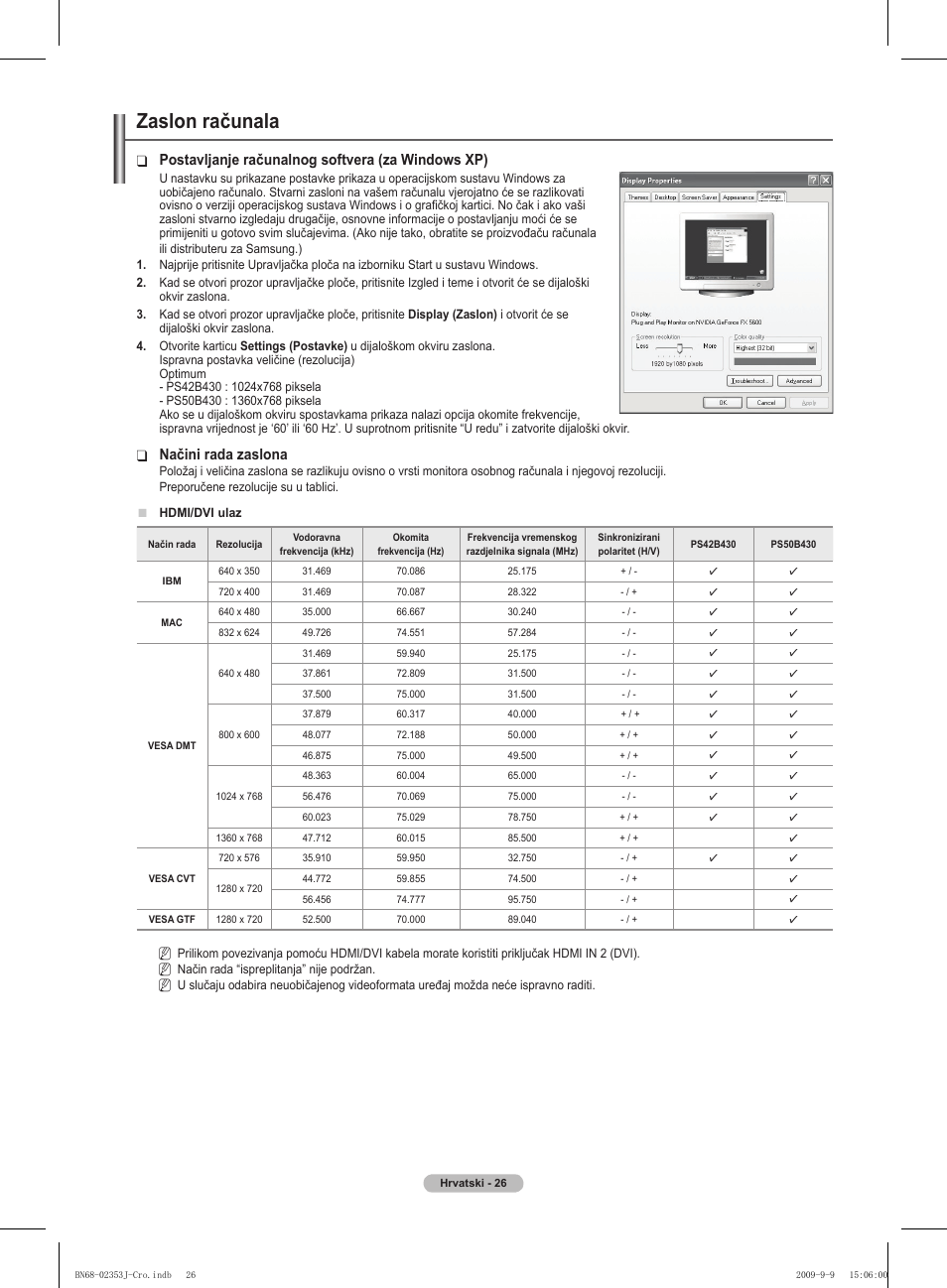 Zaslon računala, Postavljanje računalnog softvera (za windows xp), Načini rada zaslona | Samsung PS42B430P2W User Manual | Page 332 / 343