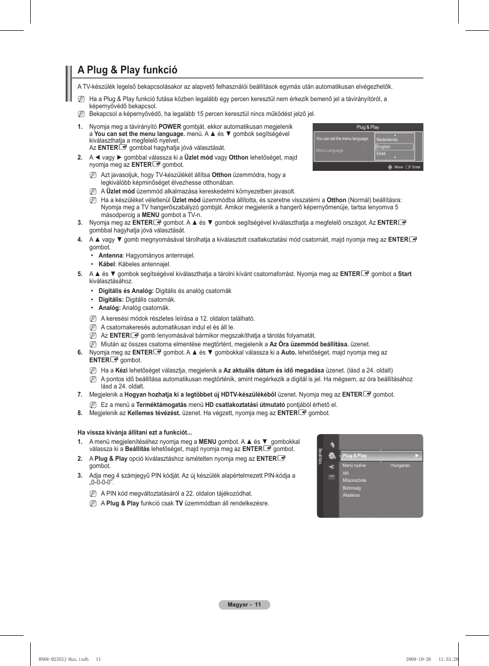 A plug & play funkció | Samsung PS42B430P2W User Manual | Page 45 / 343