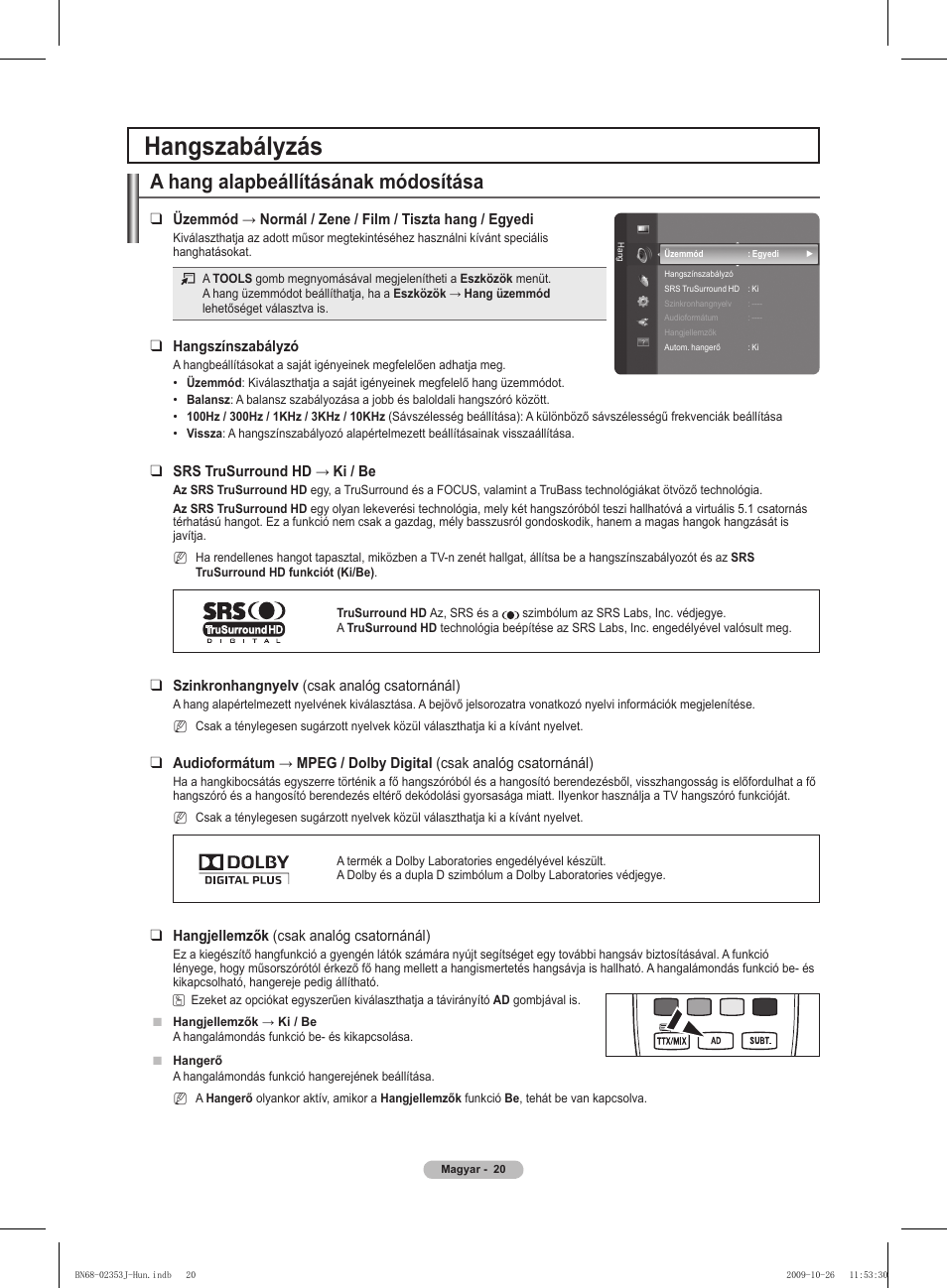 Hangszabályzás, A hang alapbeállításának módosítása | Samsung PS42B430P2W User Manual | Page 54 / 343