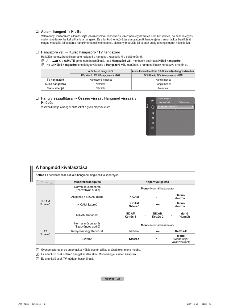 A hangmód kiválasztása, Autom. hangerő → ki / be, Hangszóró vál. → külső hangszóró / tv hangszóró | Samsung PS42B430P2W User Manual | Page 55 / 343