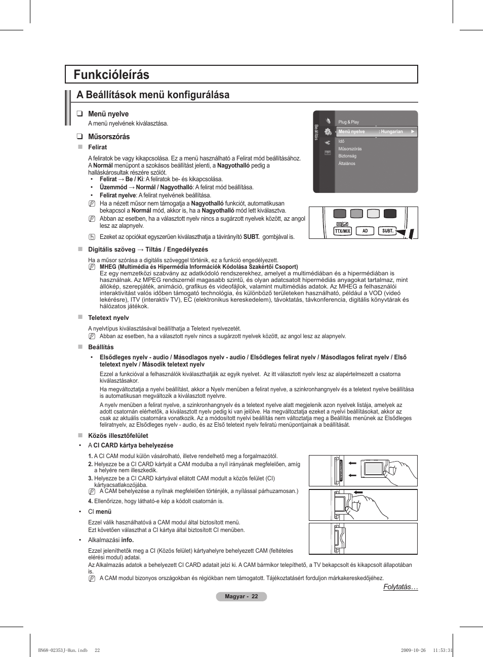 Funkcióleírás, A beállítások menü konfigurálása | Samsung PS42B430P2W User Manual | Page 56 / 343