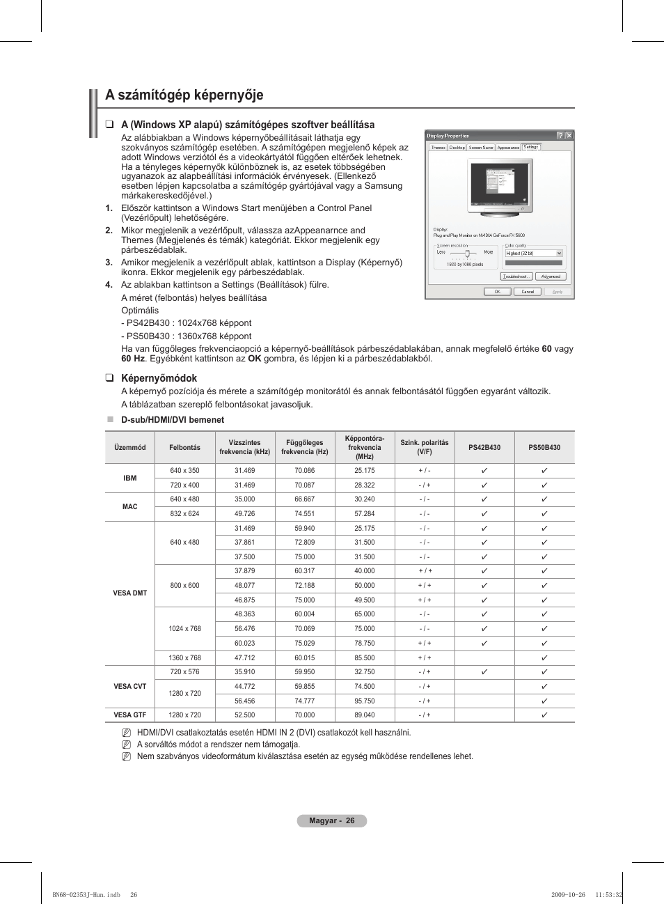 A számítógép képernyője, Képernyőmódok | Samsung PS42B430P2W User Manual | Page 60 / 343