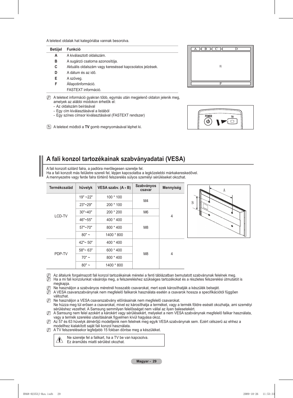 A fali konzol tartozékainak szabványadatai (vesa) | Samsung PS42B430P2W User Manual | Page 63 / 343