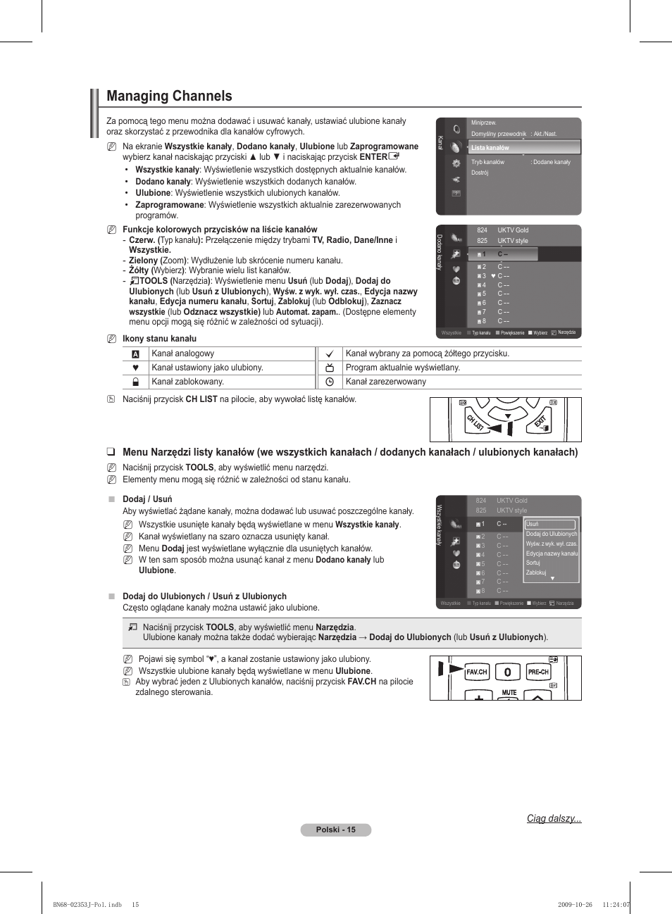 Managing channels, Ciąg dalszy | Samsung PS42B430P2W User Manual | Page 83 / 343