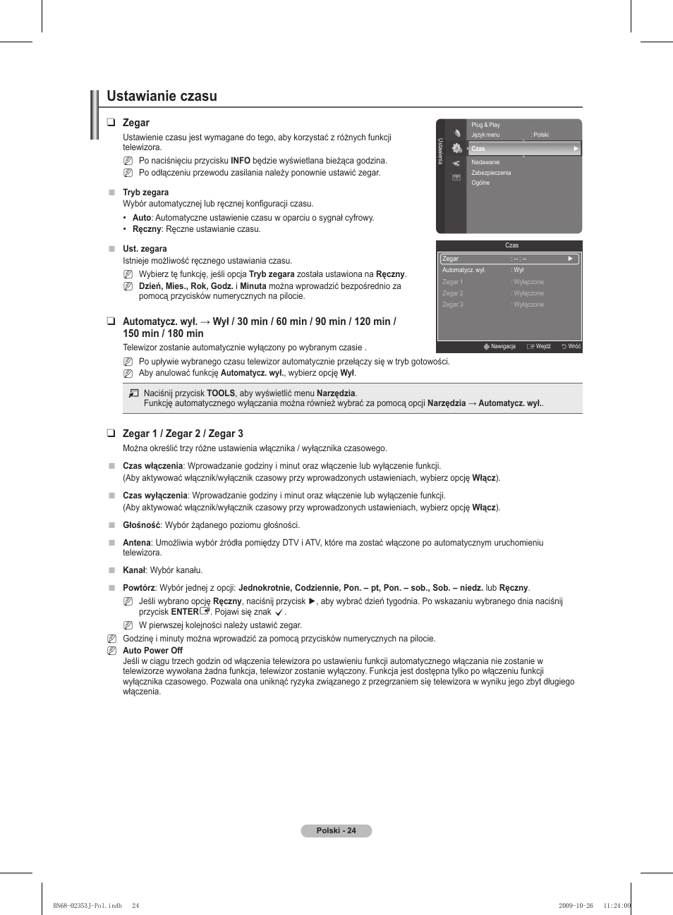 Ustawianie czasu, Zegar, Zegar 1 / zegar 2 / zegar 3 | Samsung PS42B430P2W User Manual | Page 92 / 343