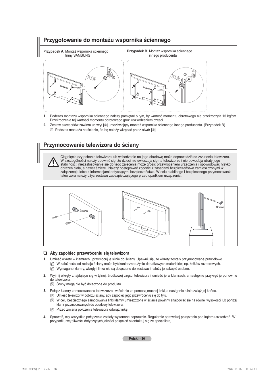 경고 주의 경고 주의, Przymocowanie telewizora do ściany, Przygotowanie do montażu wspornika ściennego | Samsung PS42B430P2W User Manual | Page 98 / 343