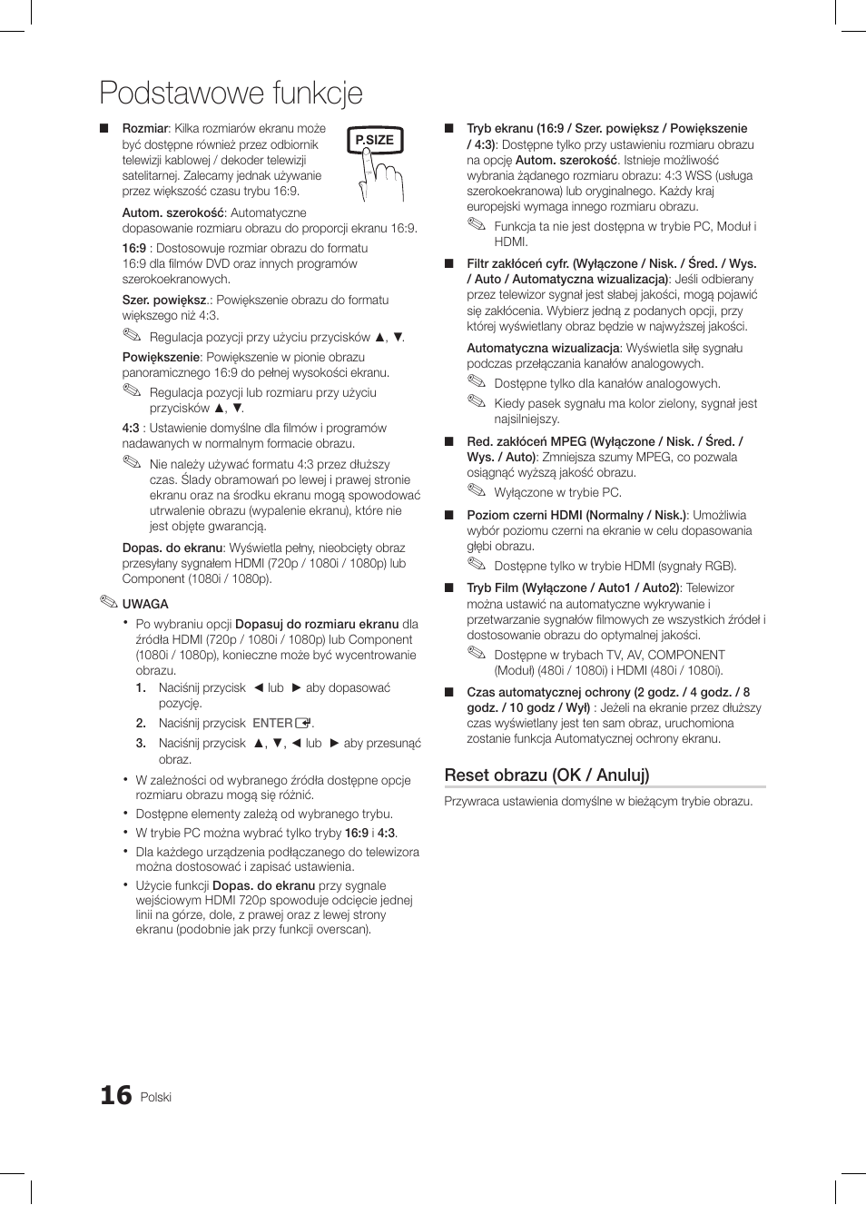 Podstawowe funkcje | Samsung LE26C350D1W User Manual | Page 82 / 331