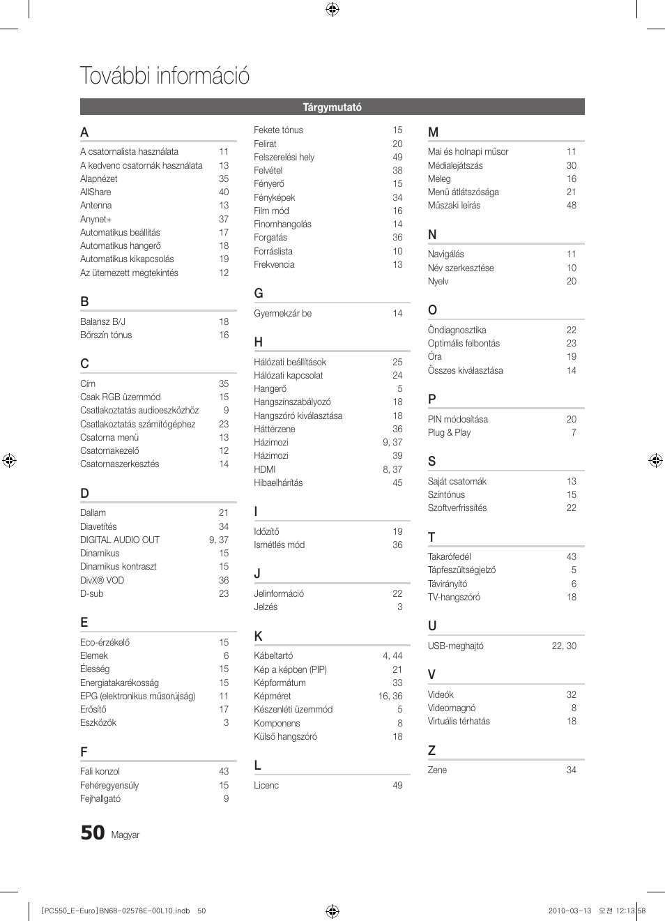 További információ | Samsung PS50C550G1W User Manual | Page 100 / 501