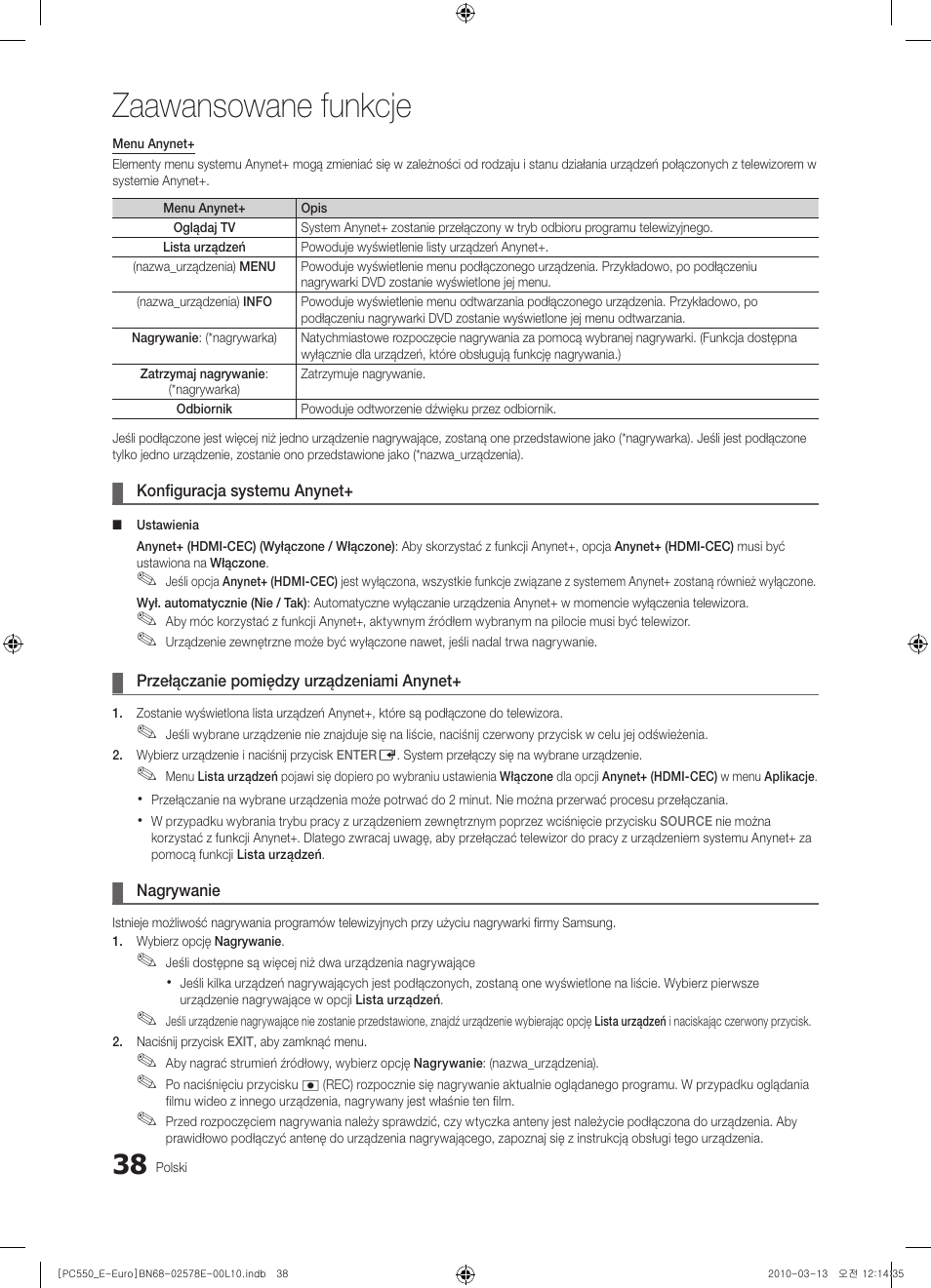 Zaawansowane funkcje | Samsung PS50C550G1W User Manual | Page 138 / 501