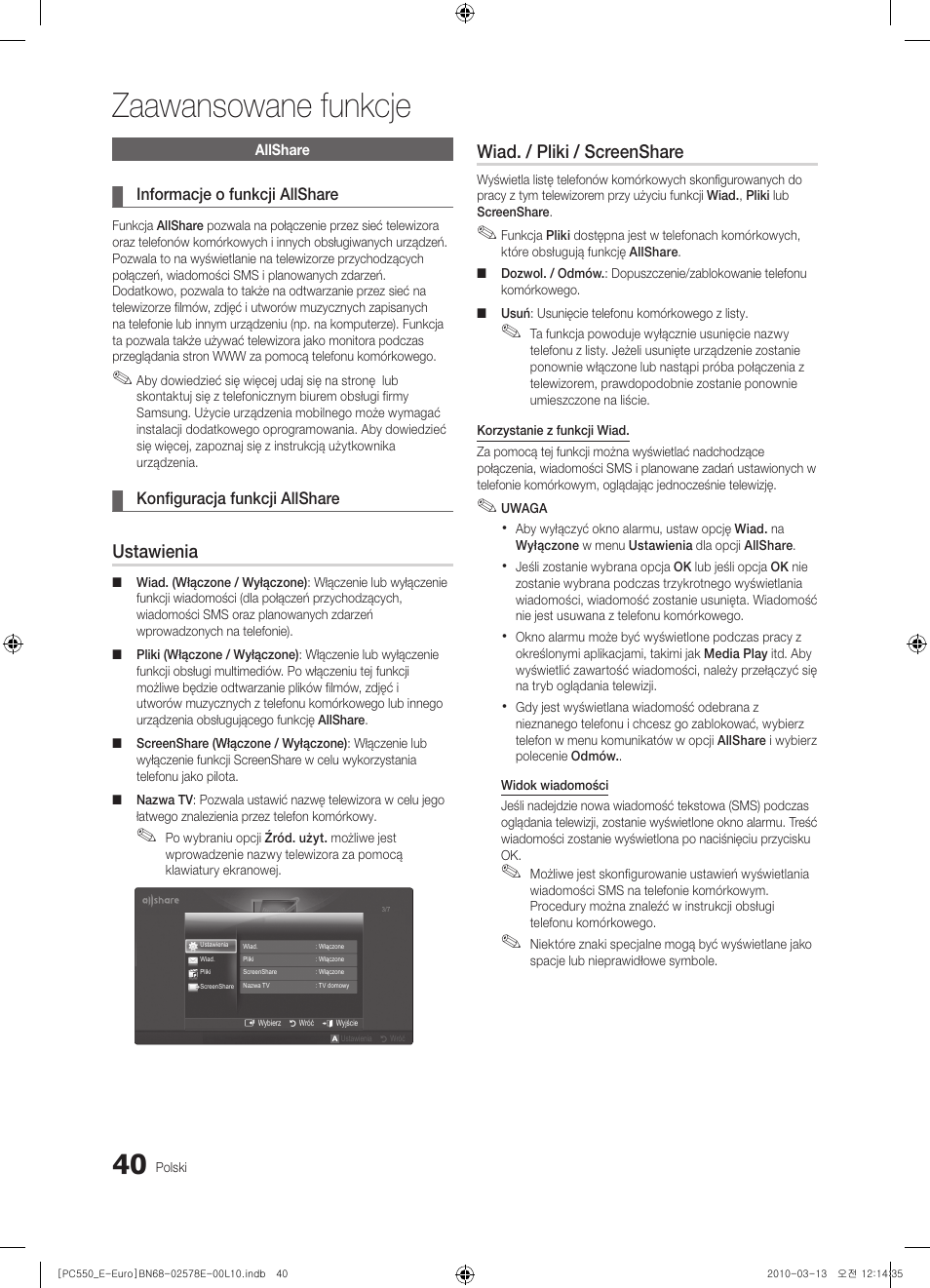 Zaawansowane funkcje, Ustawienia, Wiad. / pliki / screenshare | Samsung PS50C550G1W User Manual | Page 140 / 501