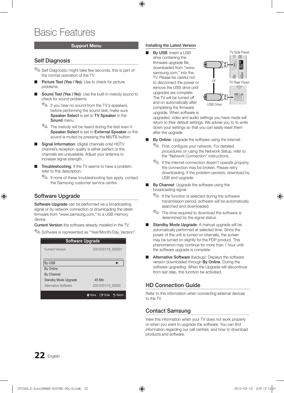 Basic features, Self diagnosis, Software upgrade | Hd connection guide, Contact samsung | Samsung PS50C550G1W User Manual | Page 22 / 501