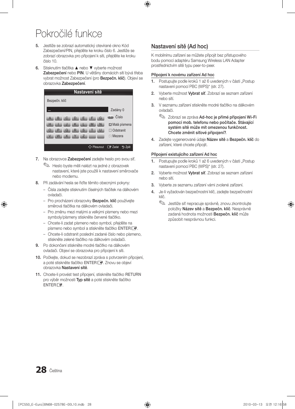 Pokročilé funkce, Nastavení sítě (ad hoc) | Samsung PS50C550G1W User Manual | Page 328 / 501