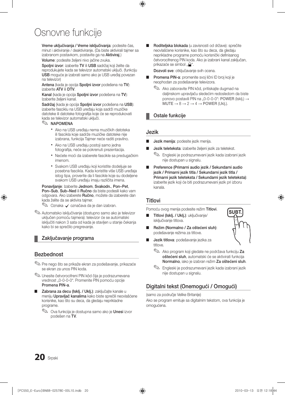 Osnovne funkcije, Bezbednost, Jezik | Titlovi, Digitalni tekst (onemogući / omogući) | Samsung PS50C550G1W User Manual | Page 470 / 501
