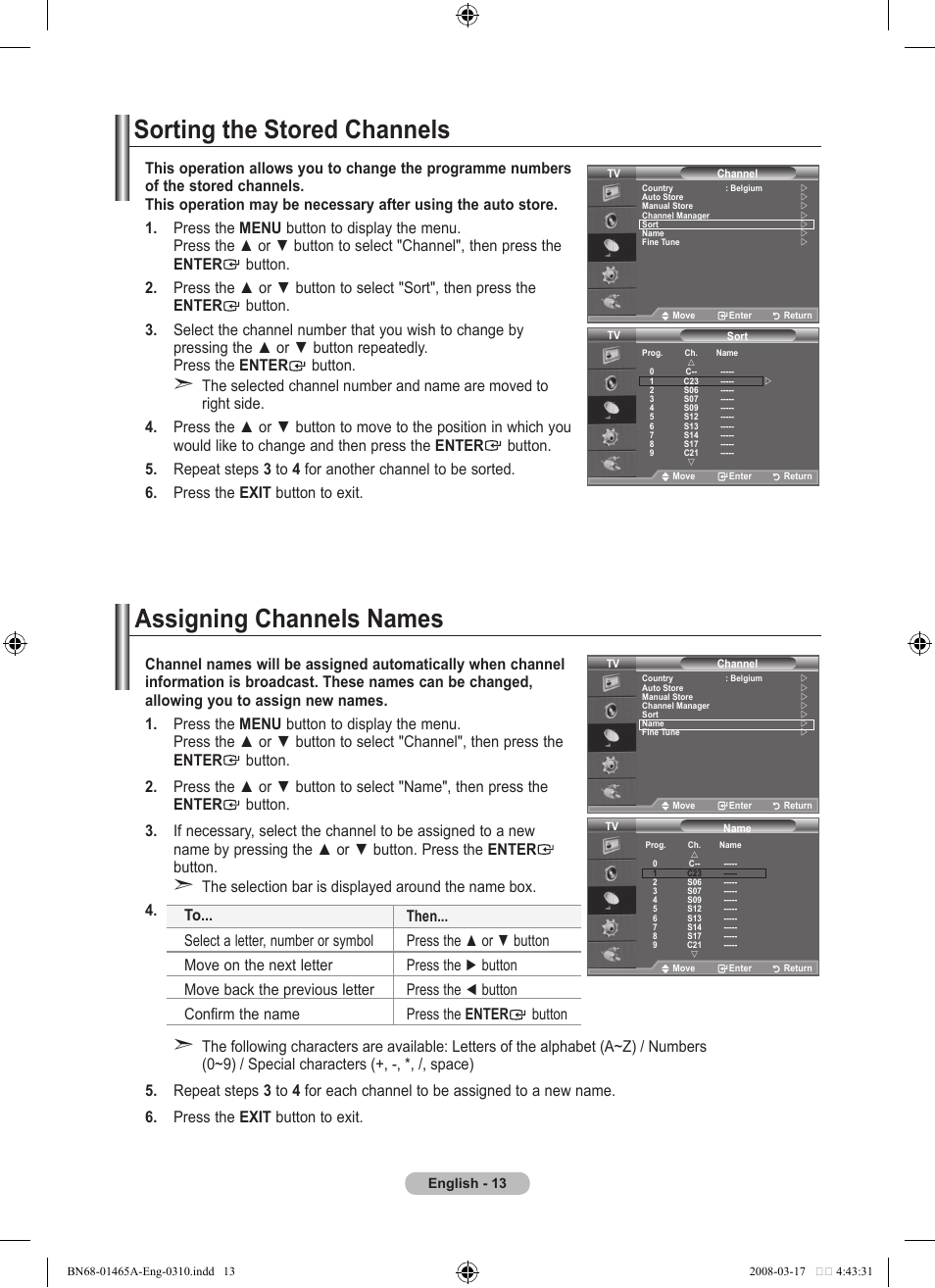 Sorting the stored channels, Assigning channels names | Samsung LE32A431T2 User Manual | Page 15 / 509