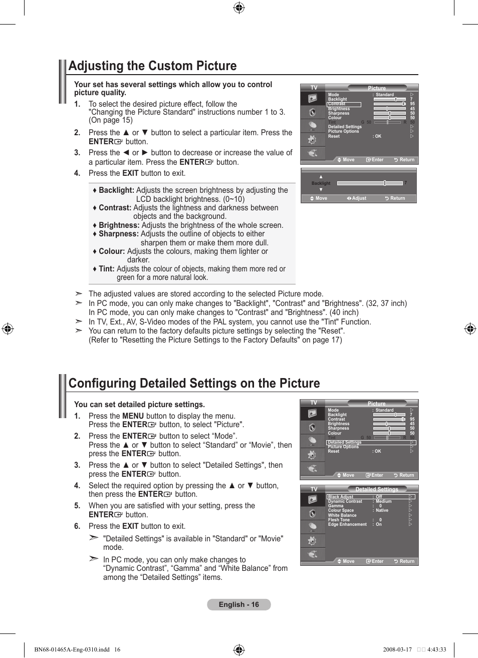 Adjusting the custom picture, Configuring detailed settings on the picture | Samsung LE32A431T2 User Manual | Page 18 / 509