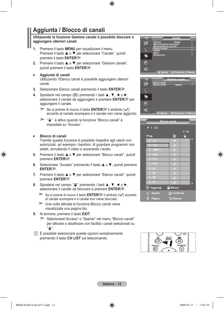 Aggiunta / blocco di canali | Samsung LE32A431T2 User Manual | Page 182 / 509