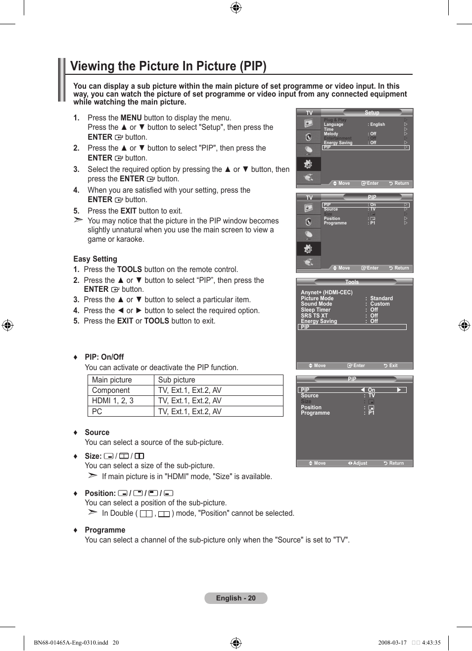 Viewing the picture in picture (pip) | Samsung LE32A431T2 User Manual | Page 22 / 509