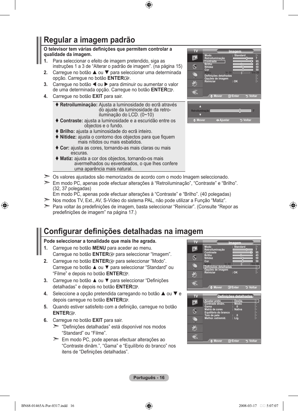 Regular a imagem padrão, Configurar definições detalhadas na imagem | Samsung LE32A431T2 User Manual | Page 272 / 509