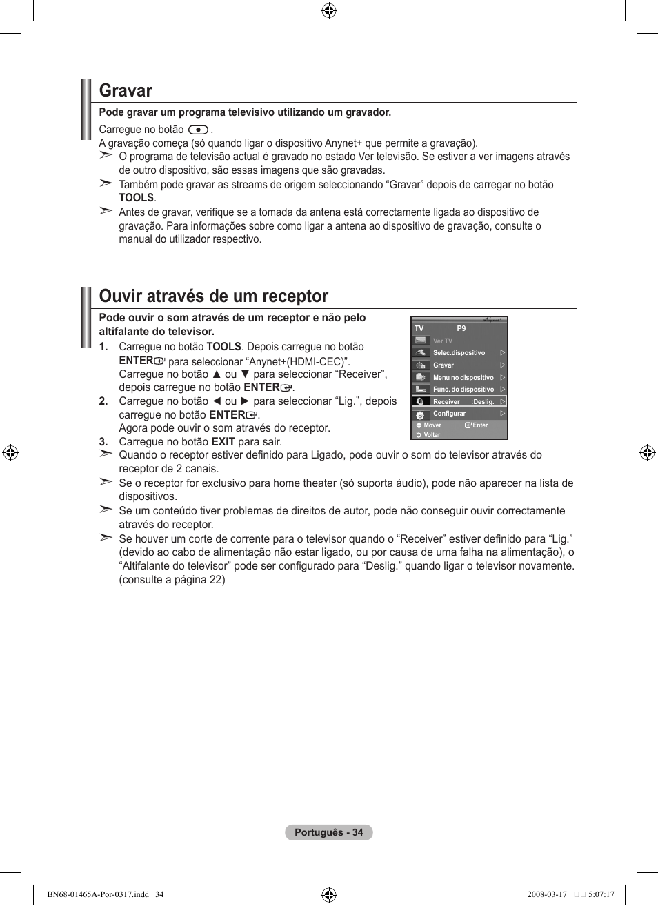 Ouvir através de um receptor, Gravar | Samsung LE32A431T2 User Manual | Page 290 / 509