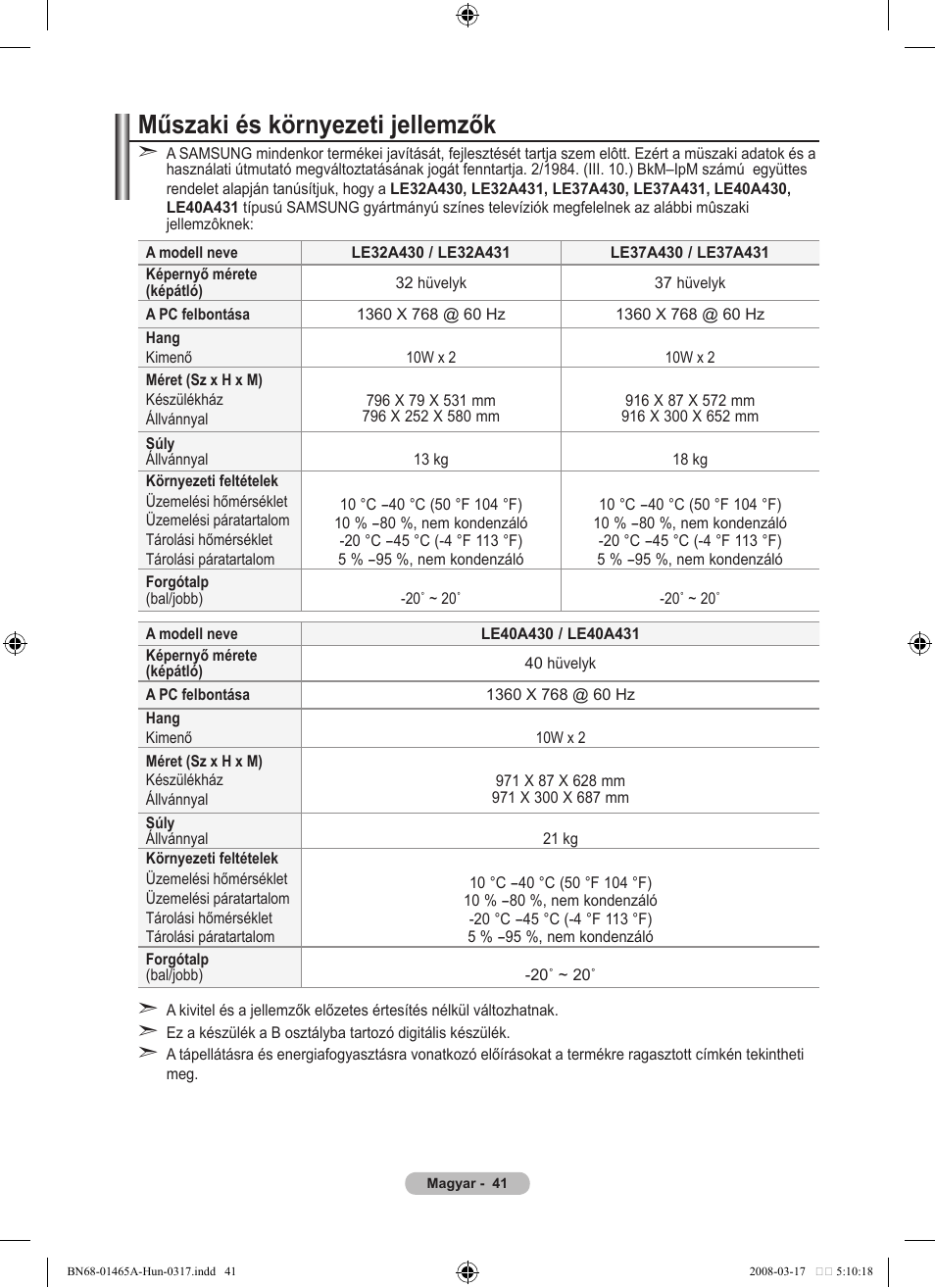 Műszaki és környezeti jellemzők | Samsung LE32A431T2 User Manual | Page 339 / 509
