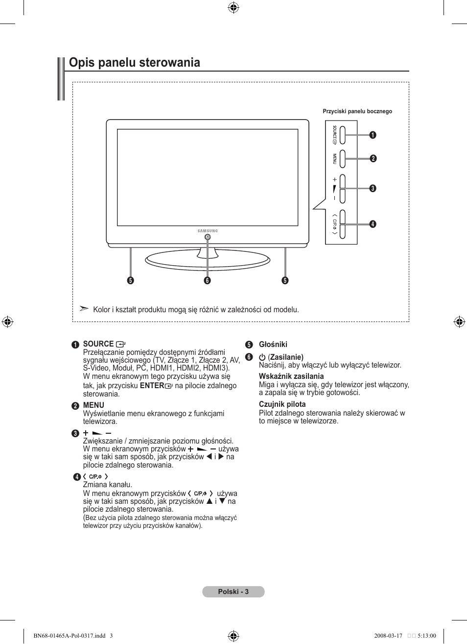 Opis panelu sterowania | Samsung LE32A431T2 User Manual | Page 343 / 509