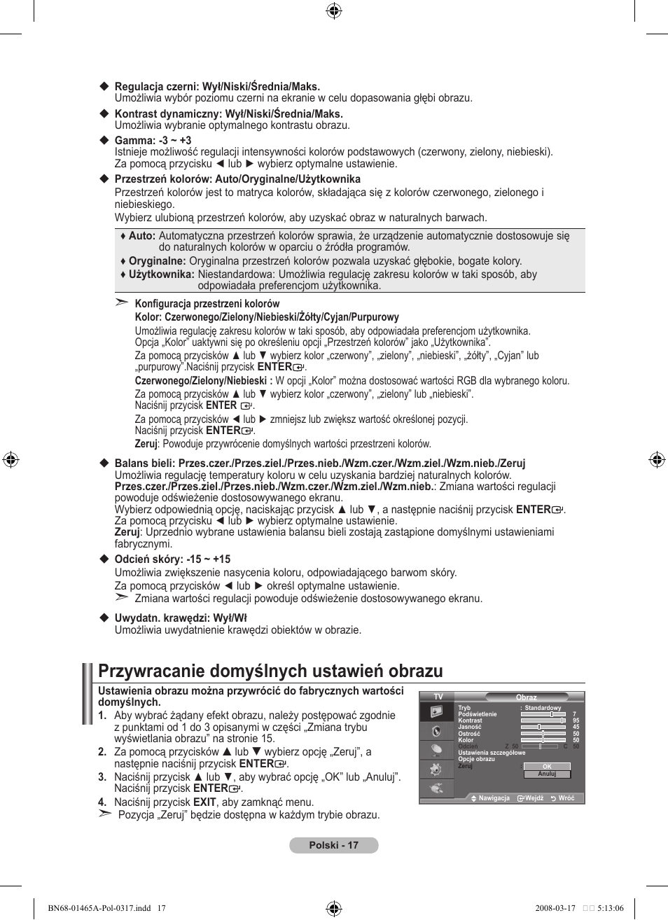 Przywracanie domyślnych ustawień obrazu | Samsung LE32A431T2 User Manual | Page 357 / 509