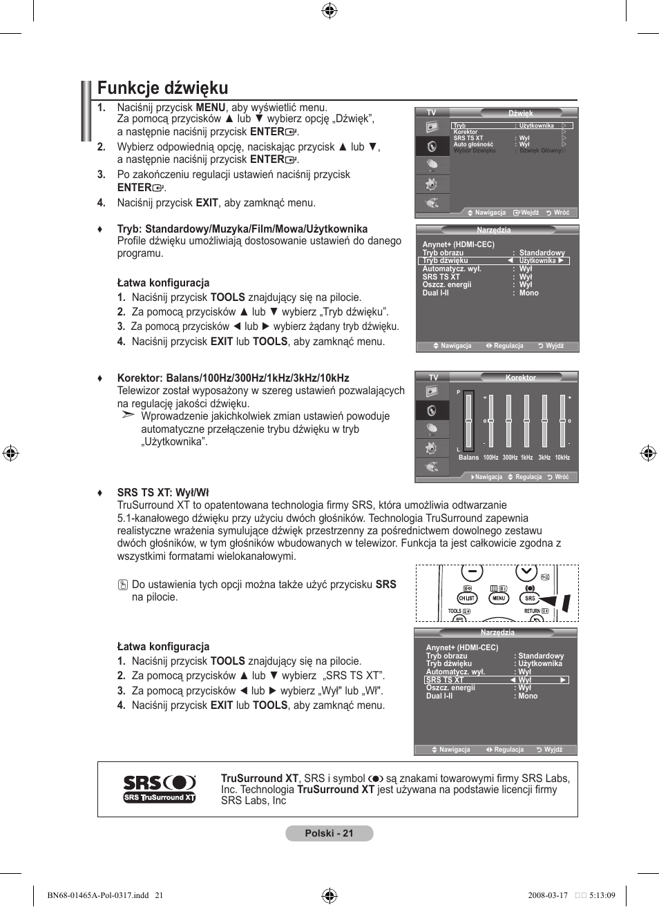 Funkcje dźwięku | Samsung LE32A431T2 User Manual | Page 361 / 509