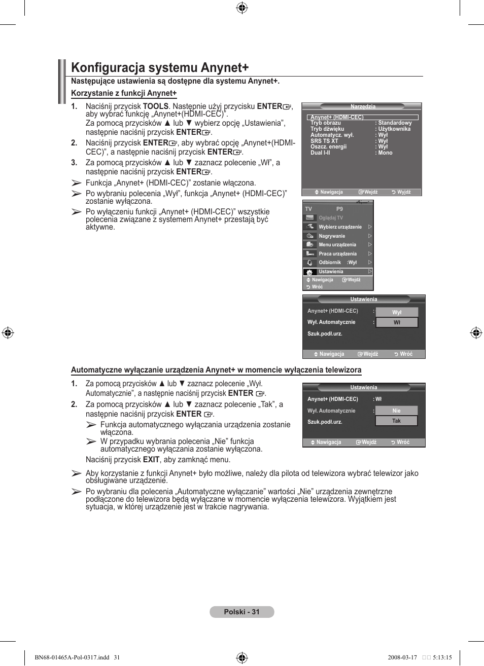 Konfiguracja systemu anynet | Samsung LE32A431T2 User Manual | Page 371 / 509