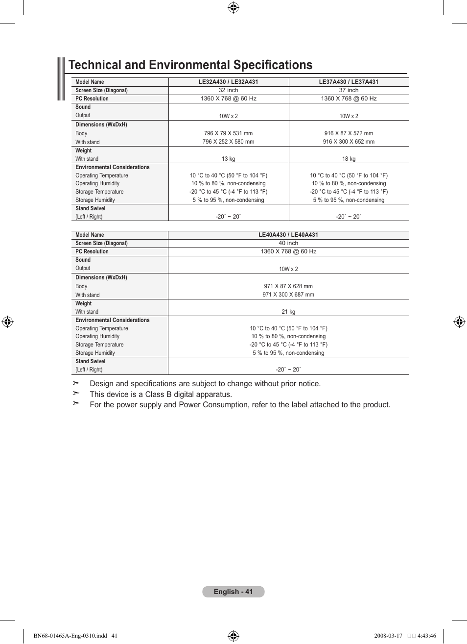Technical and environmental specifications | Samsung LE32A431T2 User Manual | Page 43 / 509
